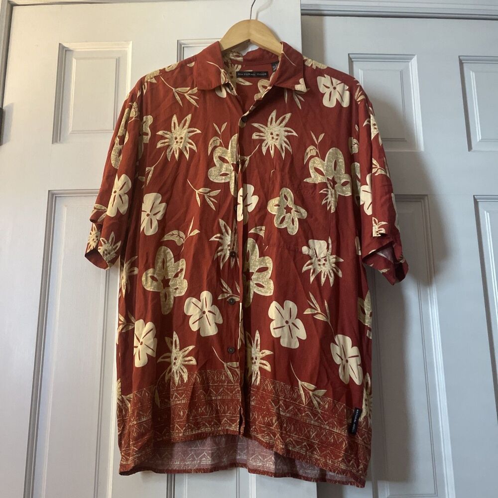 Vintage Natural Issue Hawaiian Shirt Mens L‎ Red Rayon Hibiscus Floral Aloha